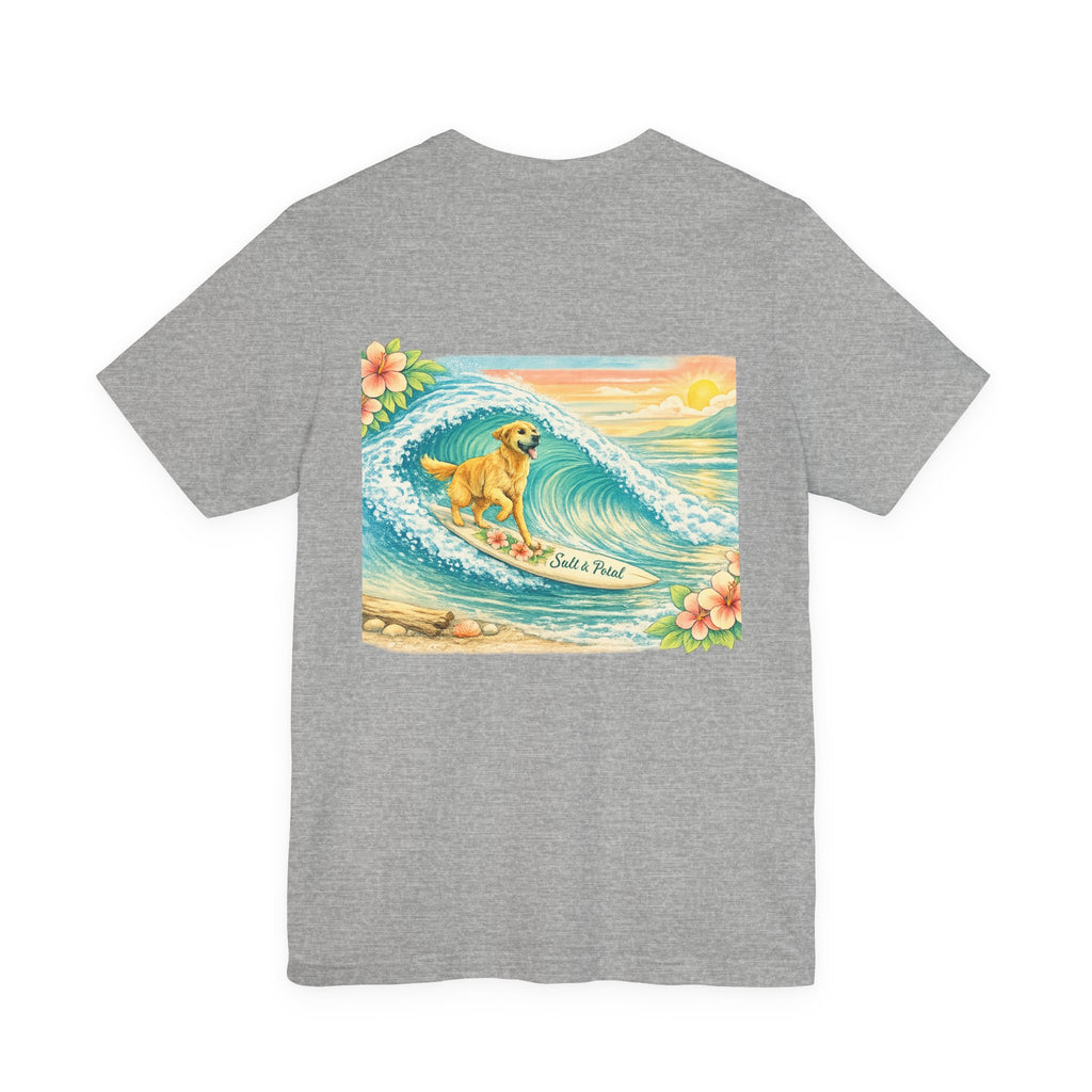 Vintage Inspired Surf Dog Tee with Golden Retriever Surfing Whimsical Artwork Humorous Summer Outfit Idea for Paddle Boarding Surfing or Everyday