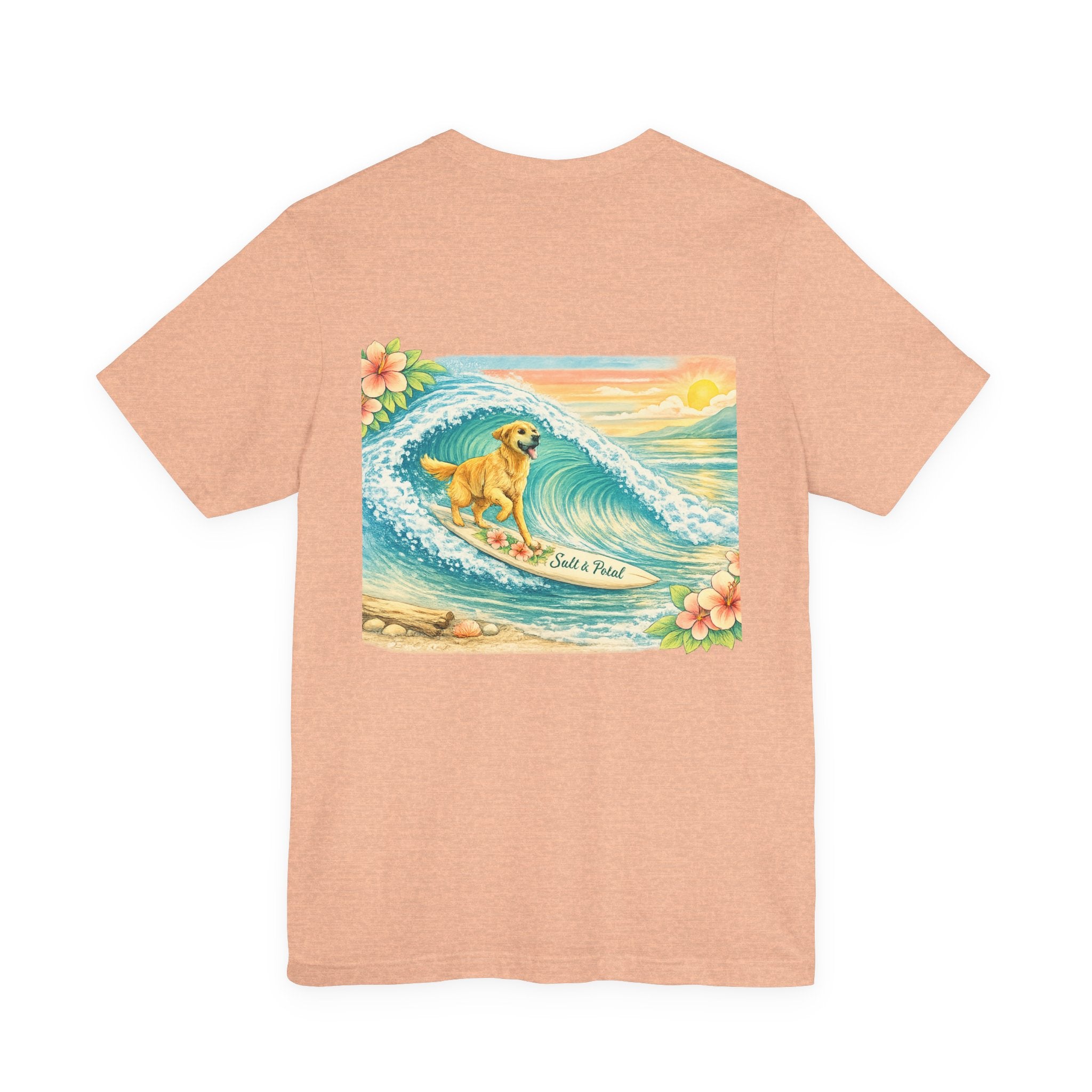 Vintage Inspired Surf Dog Tee with Golden Retriever Surfing Whimsical Artwork Humorous Summer Outfit Idea for Paddle Boarding Surfing or Everyday