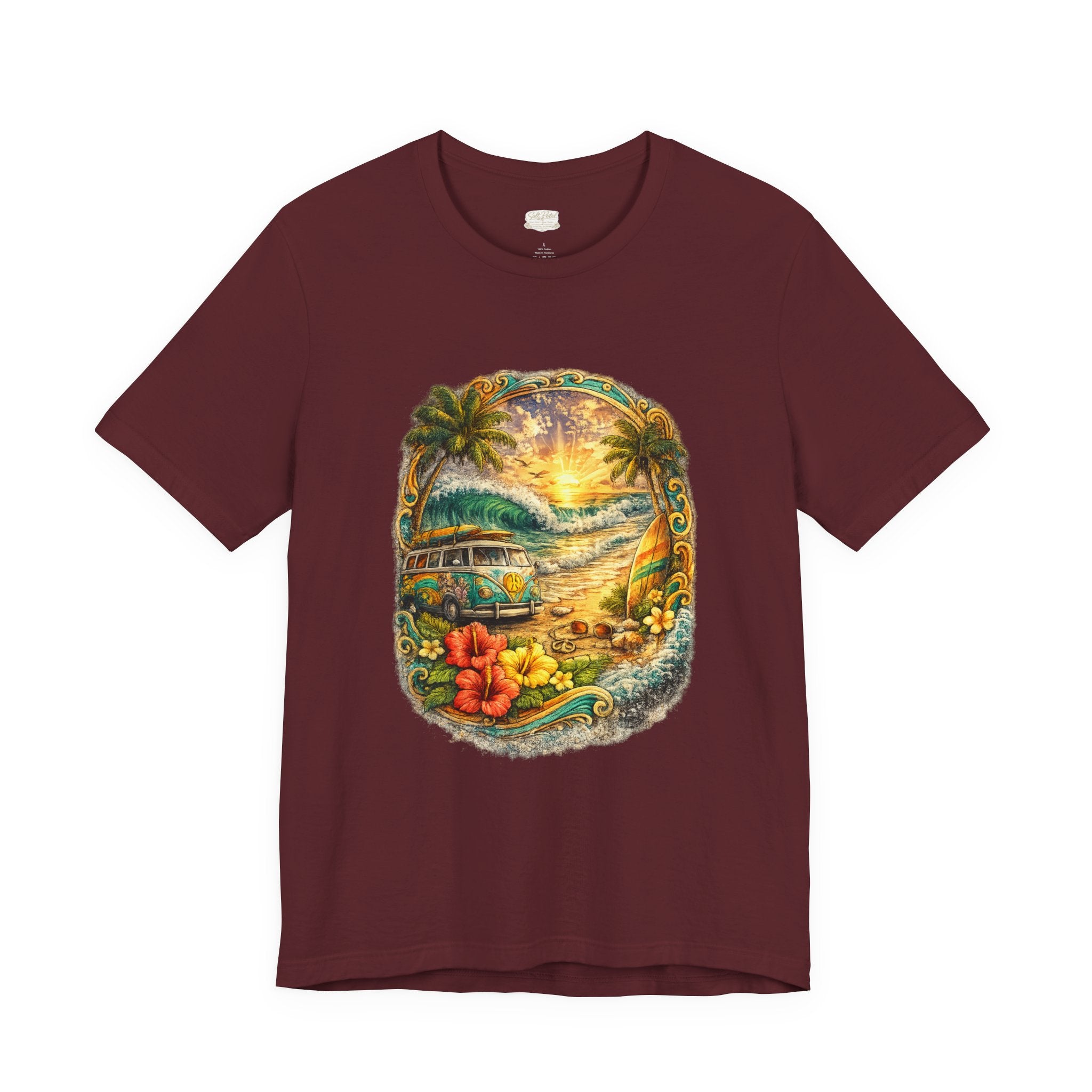 Salt Petal Sunset Surf Tee – Vintage Coastal Vibes Graphic Shirt
