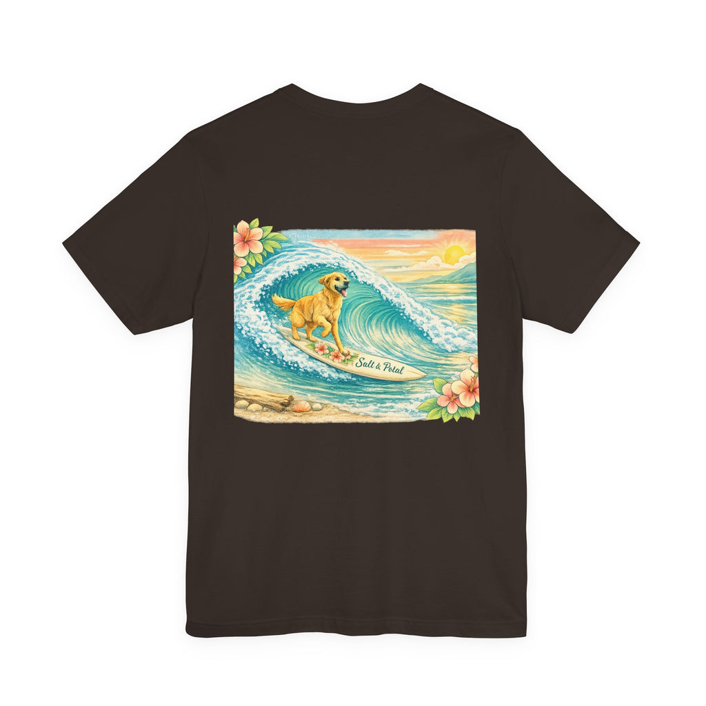 Vintage Inspired Surf Dog Tee with Golden Retriever Surfing Whimsical Artwork Humorous Summer Outfit Idea for Paddle Boarding Surfing or Everyday
