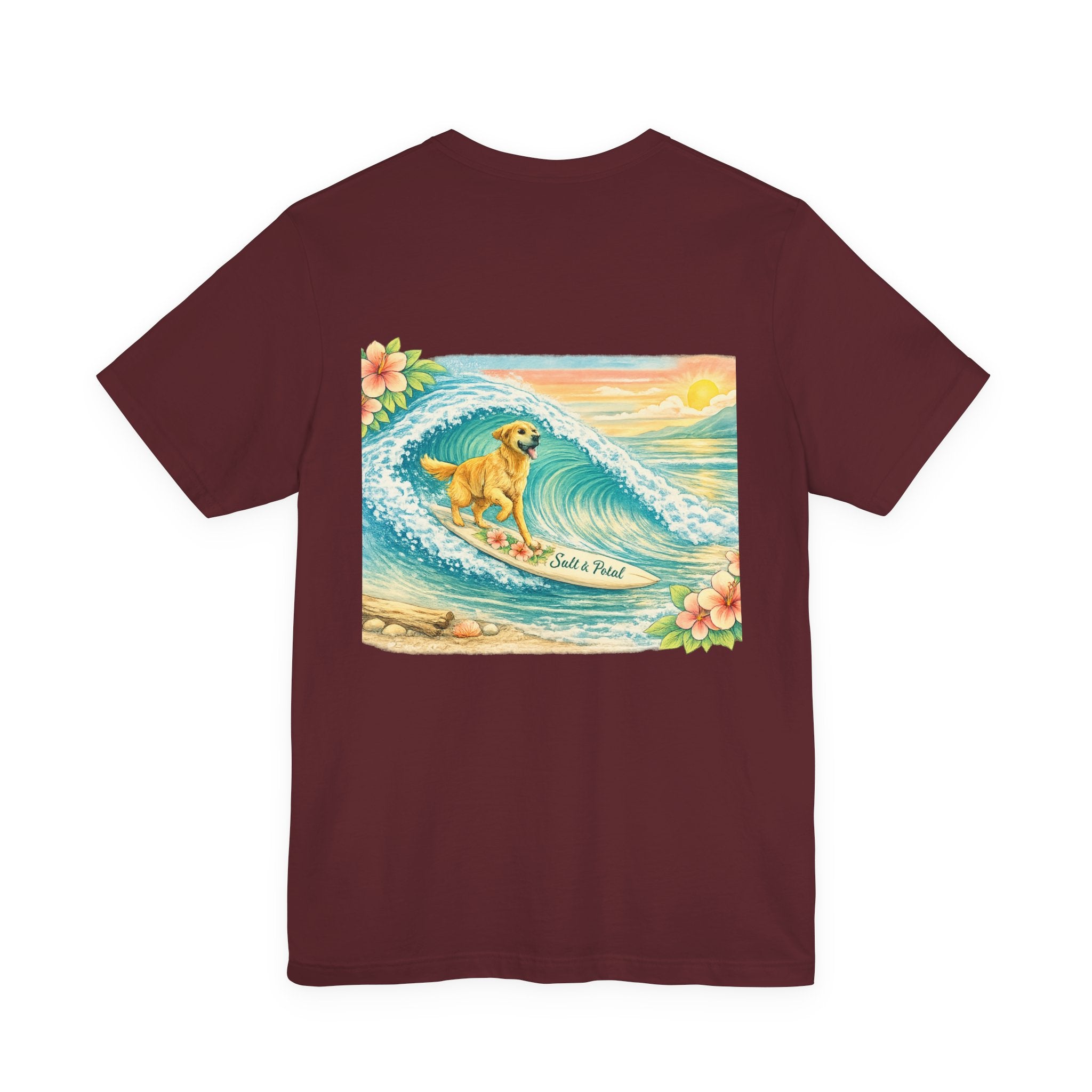 Vintage Inspired Surf Dog Tee with Golden Retriever Surfing Whimsical Artwork Humorous Summer Outfit Idea for Paddle Boarding Surfing or Everyday