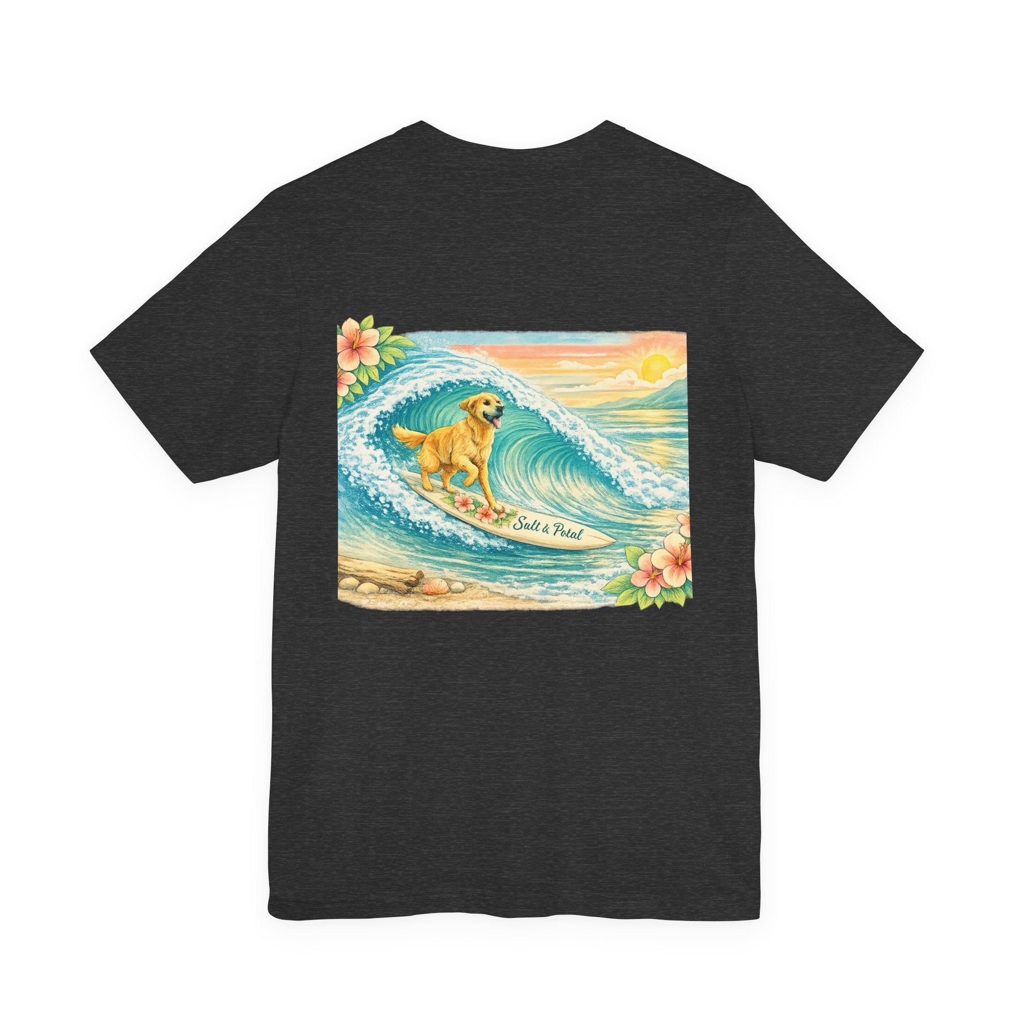 Vintage Inspired Surf Dog Tee with Golden Retriever Surfing Whimsical Artwork Humorous Summer Outfit Idea for Paddle Boarding Surfing or Everyday
