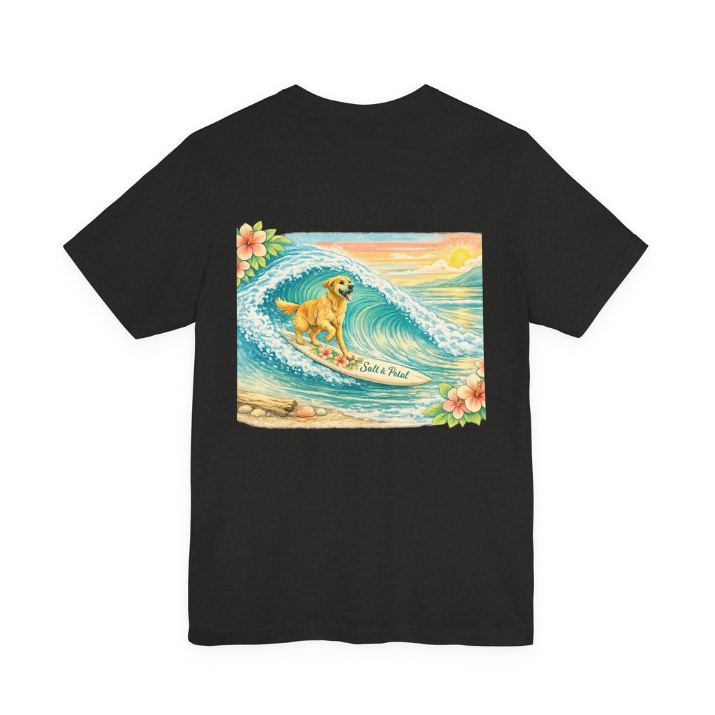 Vintage Inspired Surf Dog Tee with Golden Retriever Surfing Whimsical Artwork Humorous Summer Outfit Idea for Paddle Boarding Surfing or Everyday