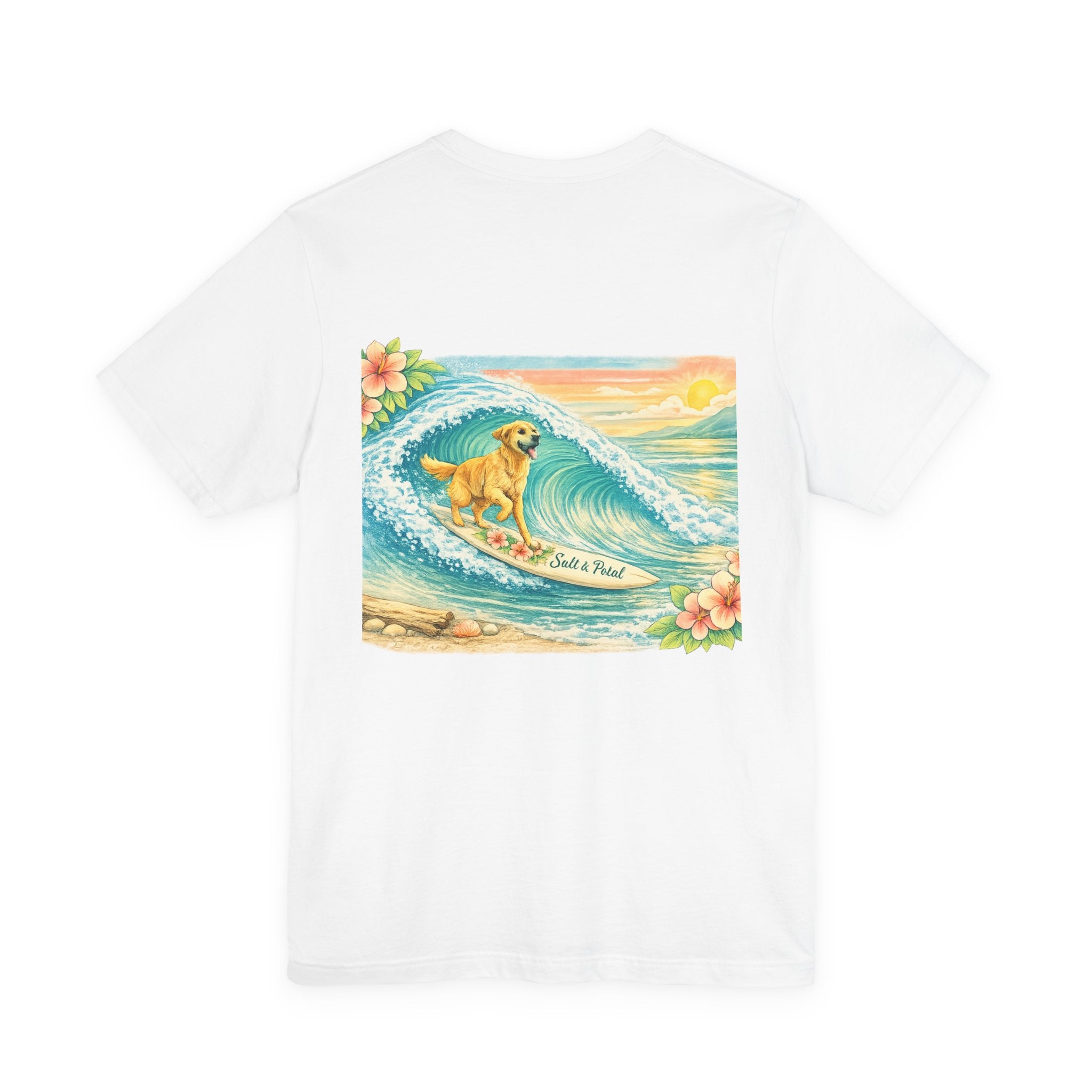 Vintage Inspired Surf Dog Tee with Golden Retriever Surfing Whimsical Artwork Humorous Summer Outfit Idea for Paddle Boarding Surfing or Everyday
