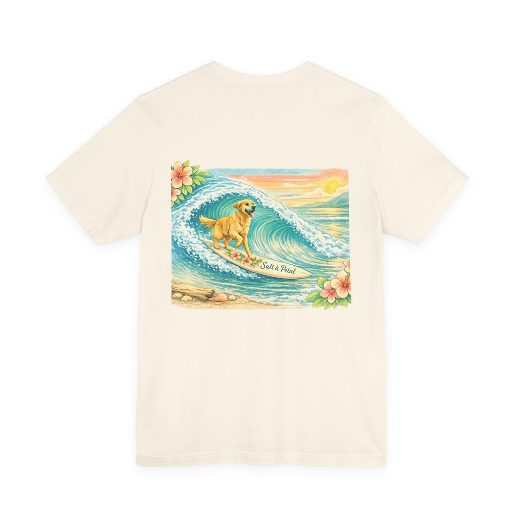 Vintage Inspired Surf Dog Tee with Golden Retriever Surfing Whimsical Artwork Humorous Summer Outfit Idea for Paddle Boarding Surfing or Everyday