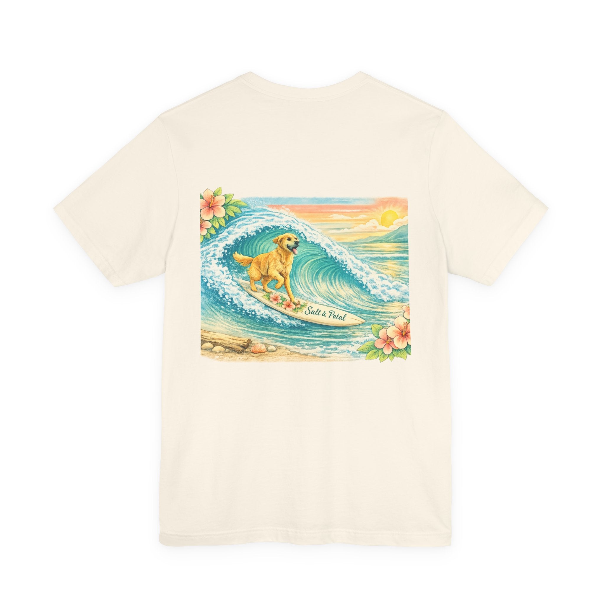 Vintage Inspired Surf Dog Tee with Golden Retriever Surfing Whimsical Artwork Humorous Summer Outfit Idea for Paddle Boarding Surfing or Everyday