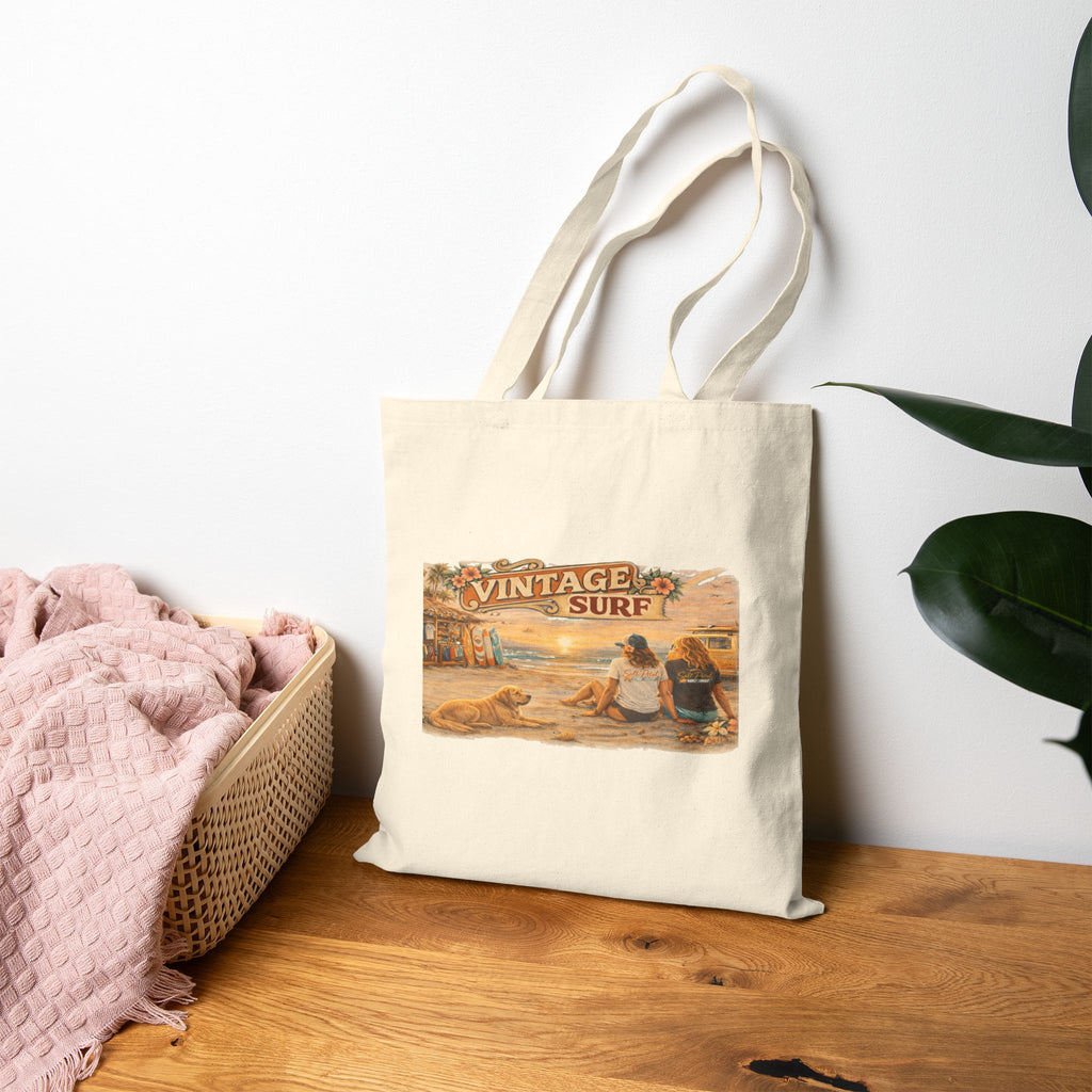 Vintage Inspired West Coast BC Canada Surf  Image Tote Bag with Golden Retriever for Beach Bag Shopping Travel School Gym Great Gift