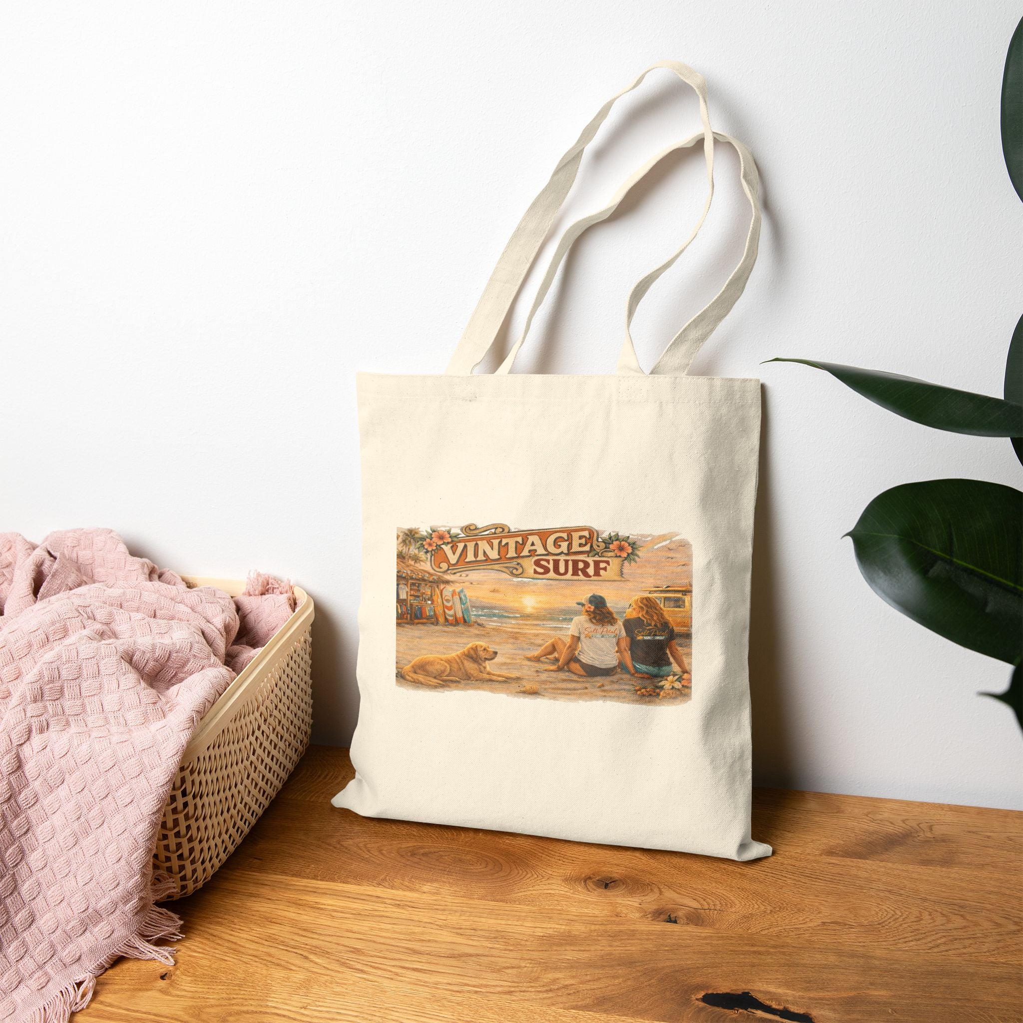 Vintage Inspired West Coast BC Canada Surf  Image Tote Bag with Golden Retriever for Beach Bag Shopping Travel School Gym Great Gift